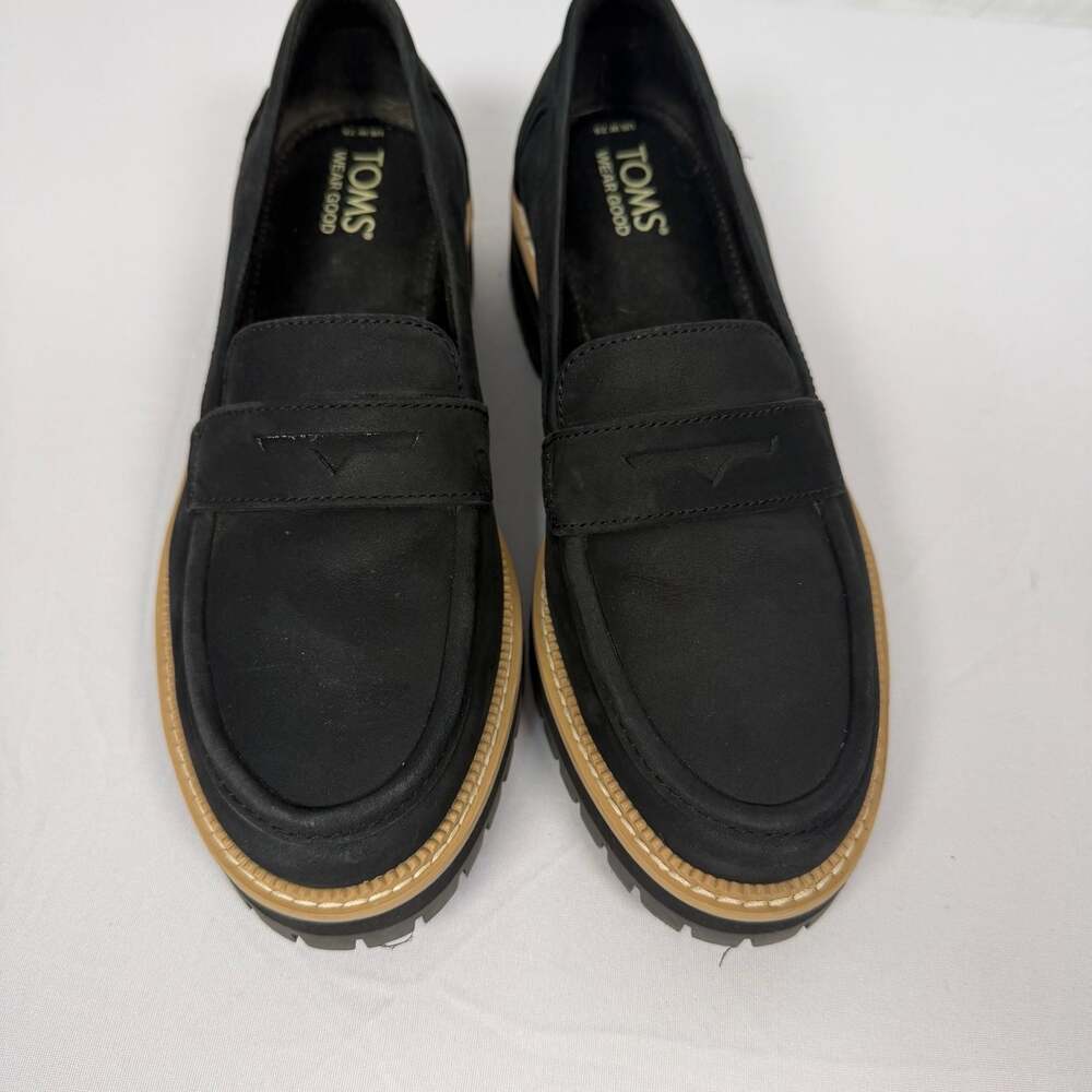 TOMS Women's Cara Lug Sole Penny Loafer Black Leather Size 7.5 - Picture 2 of 5